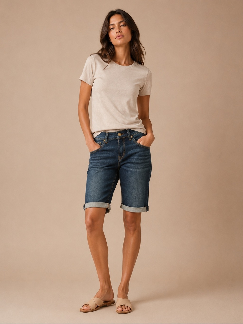 Faded Glory Bermuda Denim Shorts Women’s Size 10 Dark Wash Cuffed Stretch